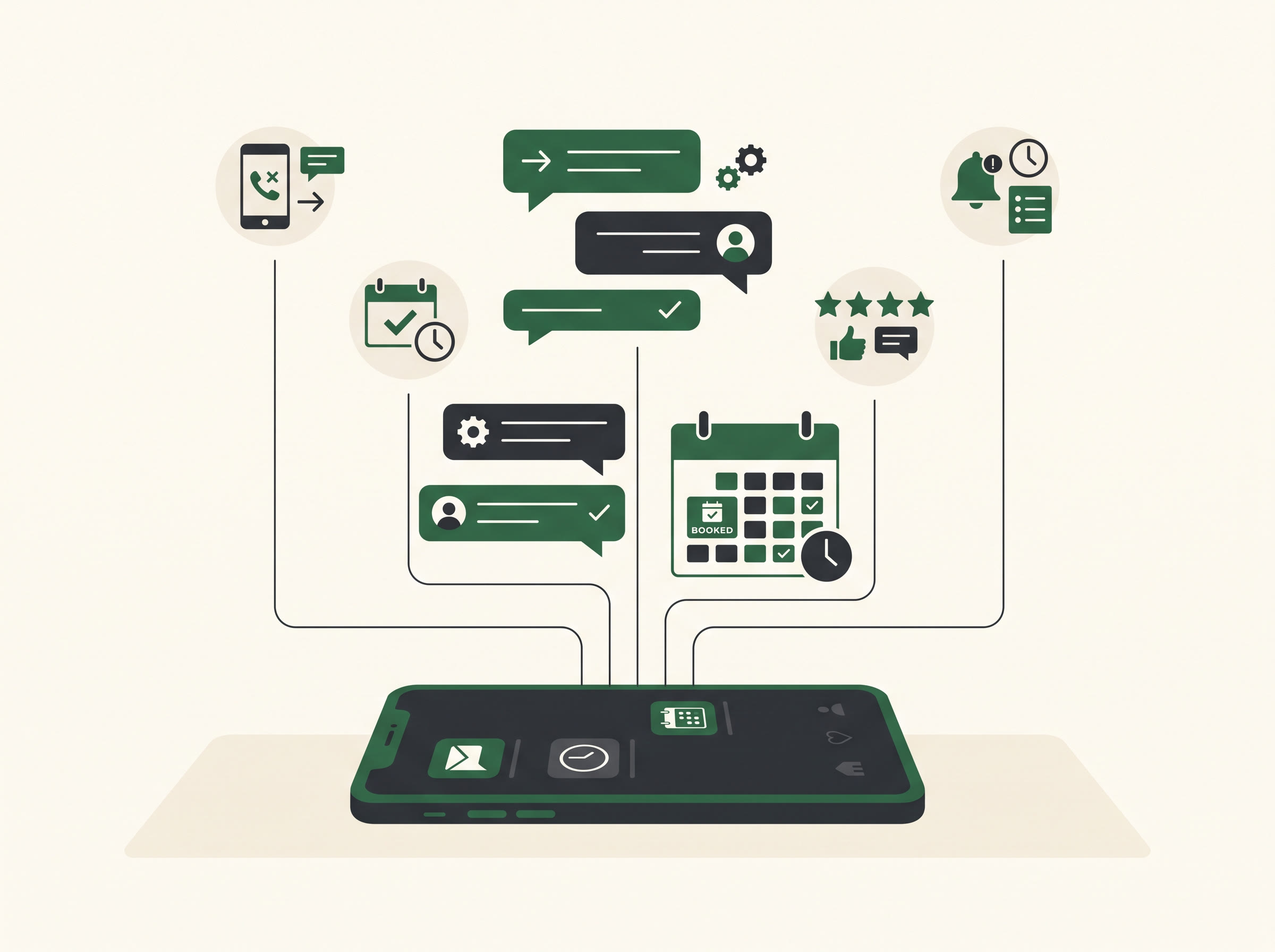 Diagram of AI automation flow: missed call triggers instant text, booking bot schedules appointment, follow-up sequence closes the loop