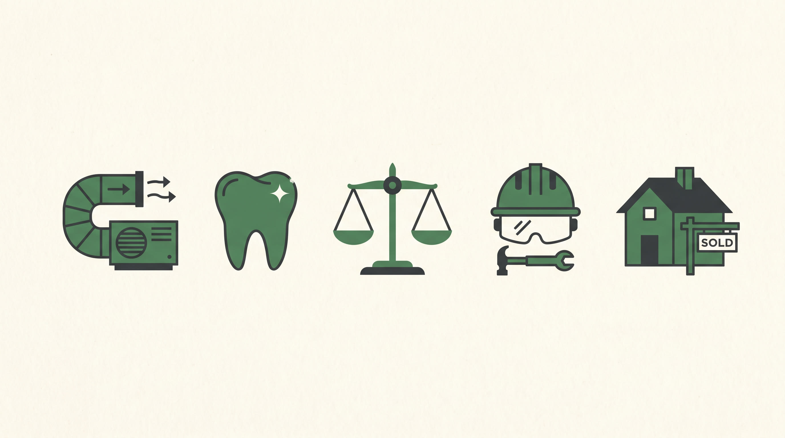 Illustrated icons representing HVAC, dental, legal, trades, and real estate industries